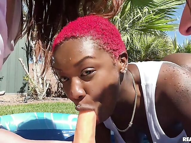 Three interracial lesbians with juicy tits and asses share a toy outdoors featuring Abigaiil Morris, Octavia Red and Deja Marie