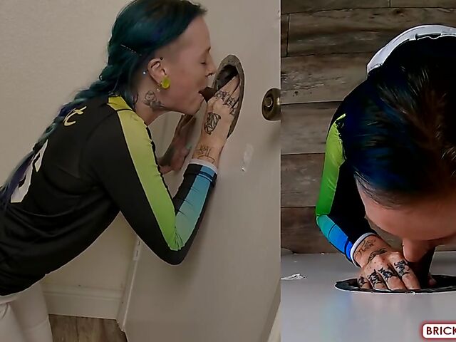 Fully clothed blowjob at the glory hole with Bethany Anne