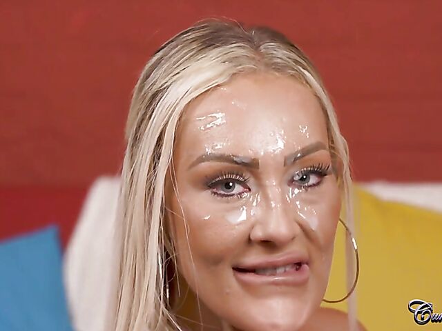 British facial cumshot for long-haired blonde Jess Nova