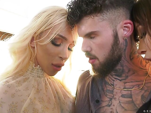 Tranny threesome with Korra Del Rio and Angelina Please who have a guy to share