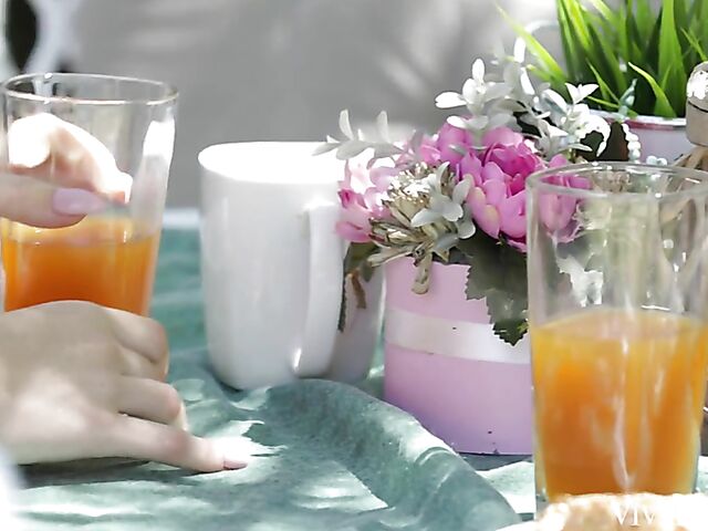 Sensual lesbian breakfast in the garden with Mia Evans and Ophelia Dust