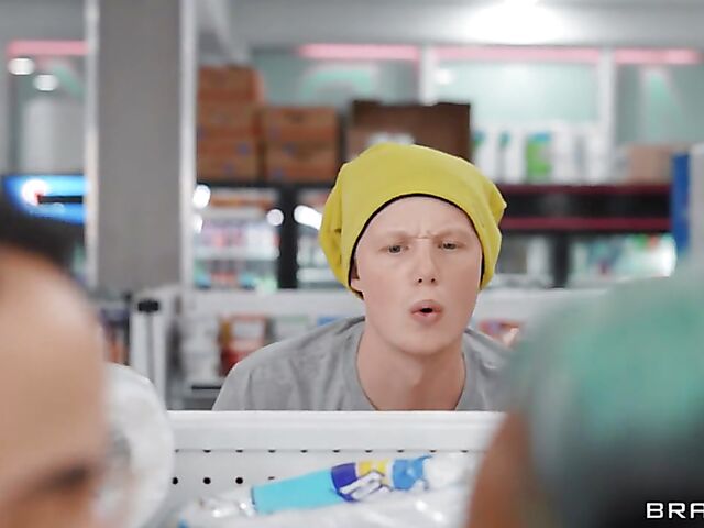 Busty ebony Jordyn Falls gets caught with Gaby Ortega at the convenience store and squirts with Jimmy Michaels