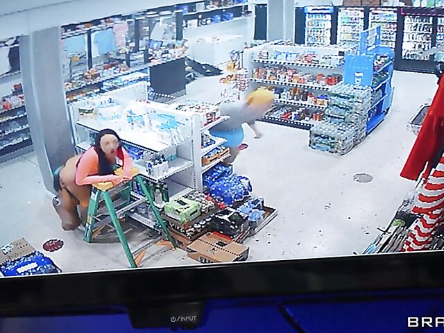 Busty ebony Jordyn Falls gets caught with Gaby Ortega at the convenience store and squirts with Jimmy Michaels