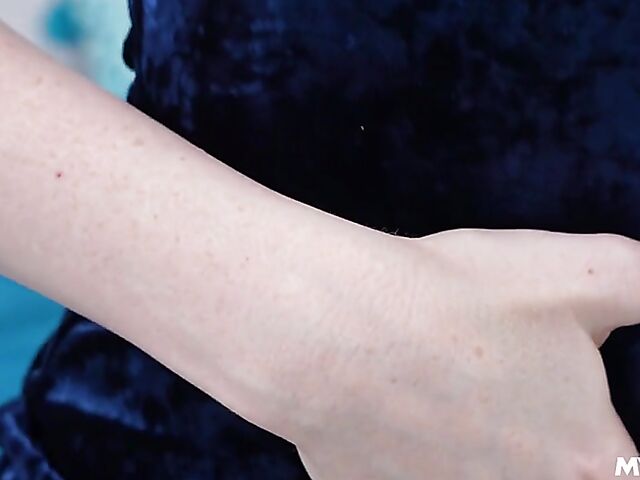 Pale redhead Ariel Darling strips naked in front of a lucky boy