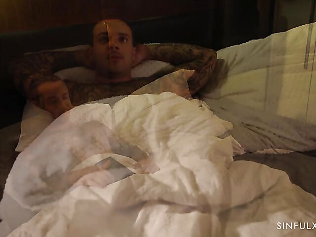 Erotic sex in the dark of the bedroom with blonde-haired Angie Lynx