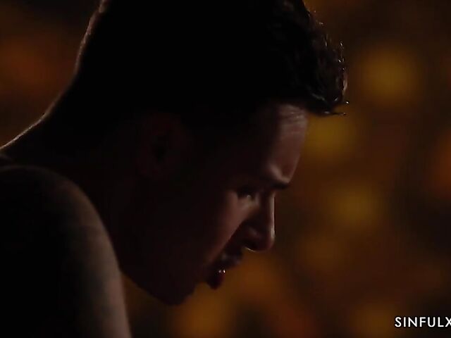 Erotic sex in the dark of the bedroom with blonde-haired Angie Lynx