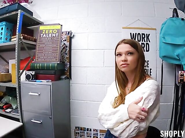 Petite shoplifter Mazy Myers gets tricked into sex