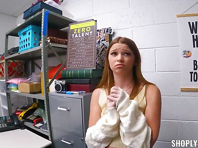 Petite shoplifter Mazy Myers gets tricked into sex