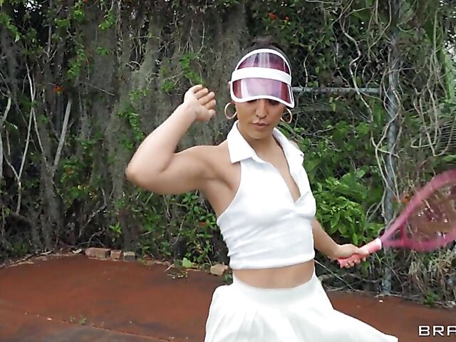 Outdoor threesome in the middle of the tennis court with Phoenix Marie and Kelsi Monroe