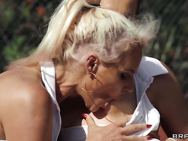 Outdoor threesome in the middle of the tennis court with Phoenix Marie and Kelsi Monroe