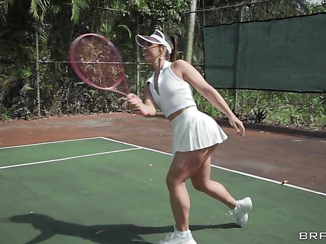 Outdoor threesome in the middle of the tennis court with Phoenix Marie and Kelsi Monroe