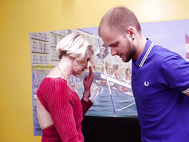 Eva Delage - Shaved skinny granny with a pierced clit gets boned