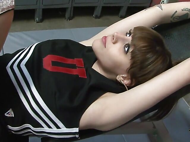 Teen cheerleader interracial fucking and armpit licking in the locker room