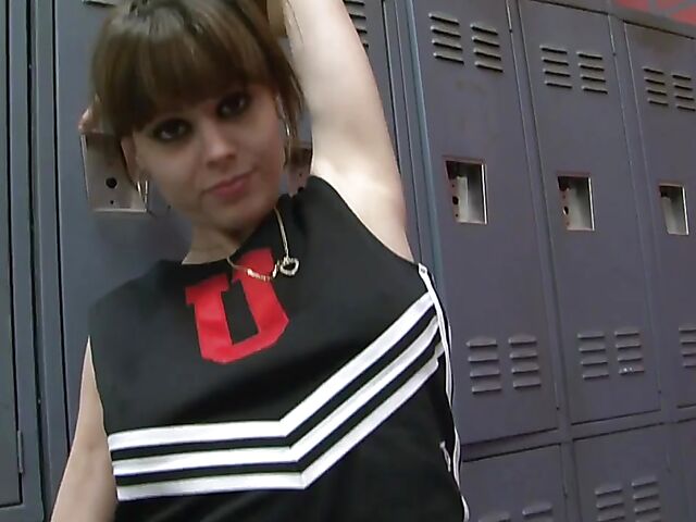 Teen cheerleader interracial fucking and armpit licking in the locker room