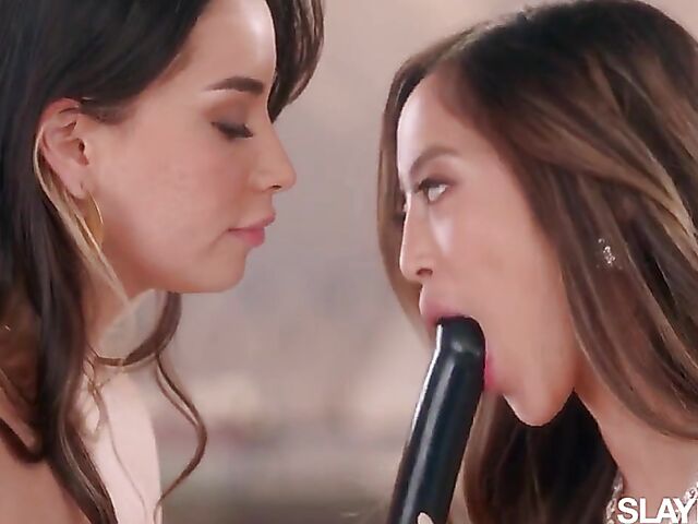 Classy lesbian babes Aria Lee and Alexia Anders eat and dildo each other's pussies