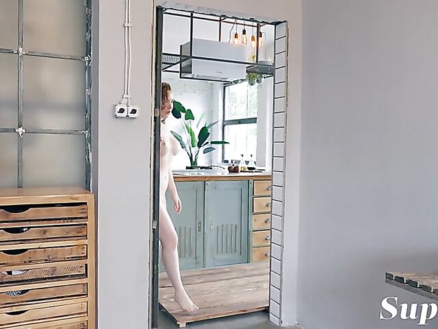 Anna Braveheart - Beautiful redhead solo in black stockings before shower