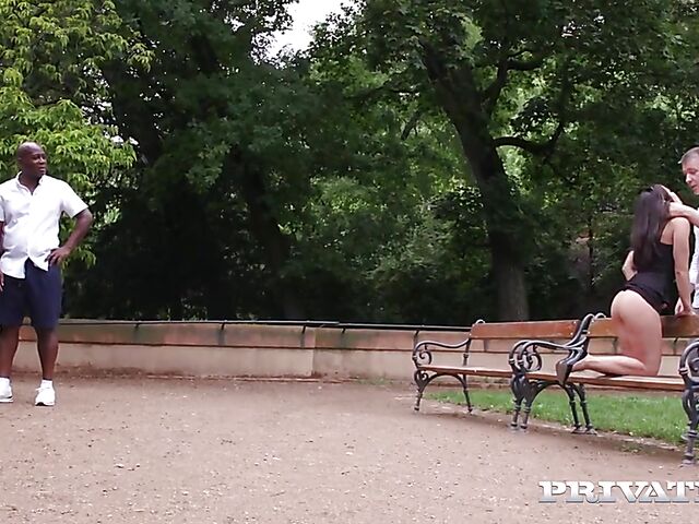 Interracial DP in black lingerie with elegant brunette Jessy Jey