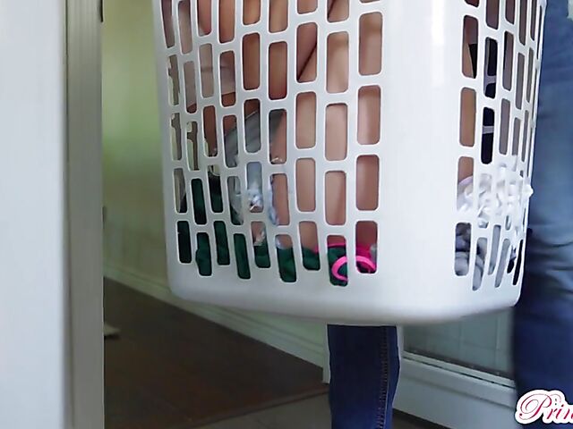 Bad stepsister Lana Smalls gets some cock in the laundry room