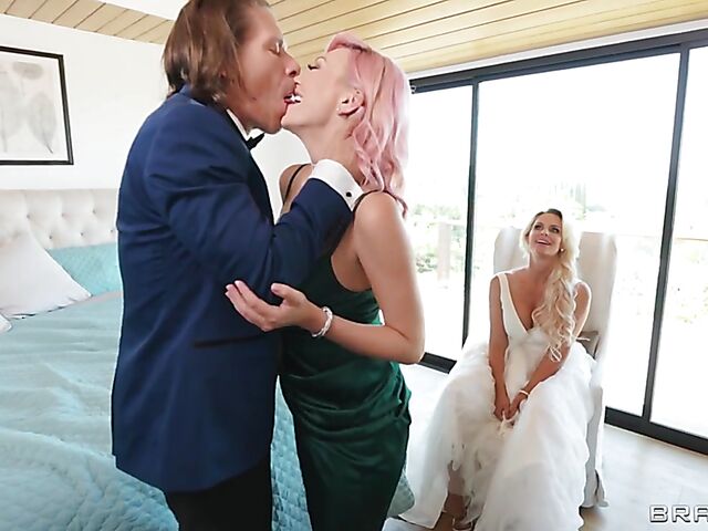 Mick Blue anal fucks pink-haired Adira Allure in front of milf bride Phoenix Marie