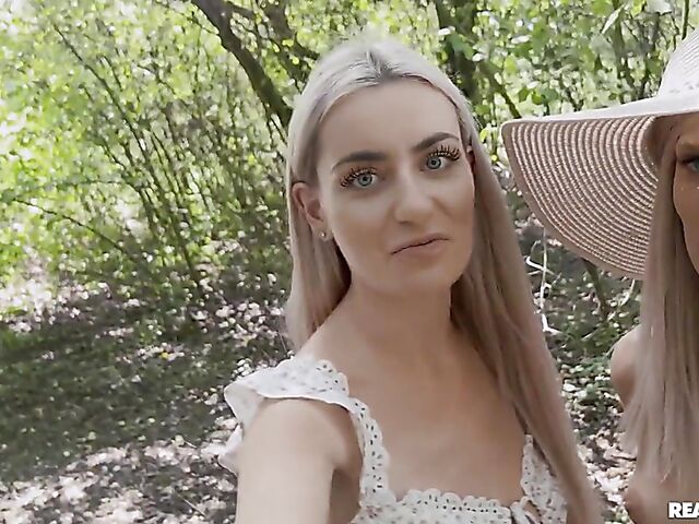 Candee Licious & Emilly Bellex - Lesbians use a double ended dildo outdoors