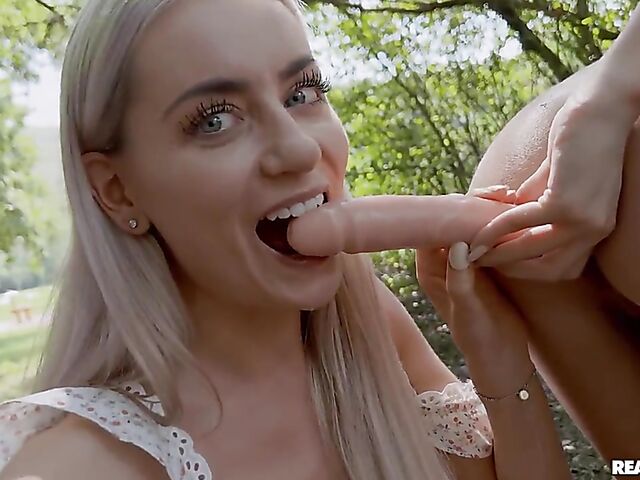 Candee Licious & Emilly Bellex - Lesbians use a double ended dildo outdoors