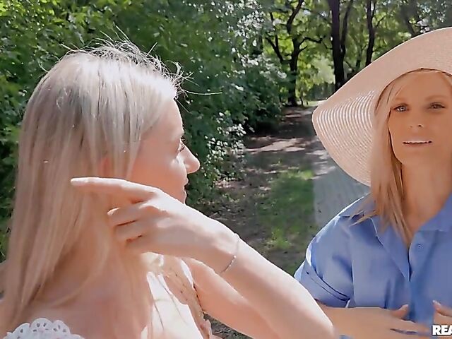 Candee Licious & Emilly Bellex - Lesbians use a double ended dildo outdoors