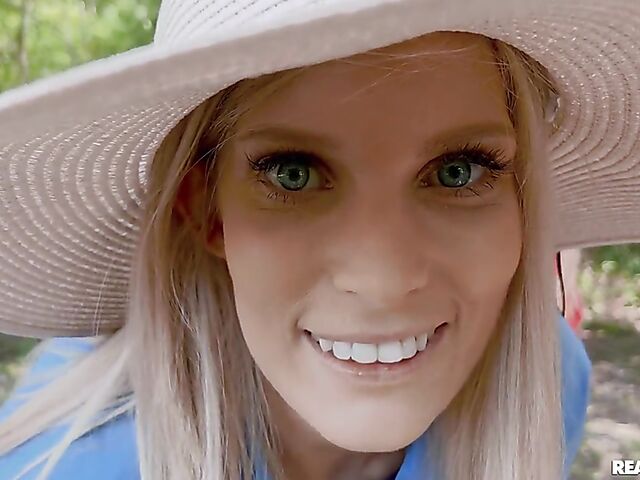 Candee Licious & Emilly Bellex - Lesbians use a double ended dildo outdoors