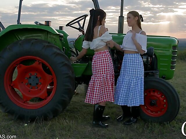 Alexis Crystal and Little Caprice lesbian sunset loving in the field