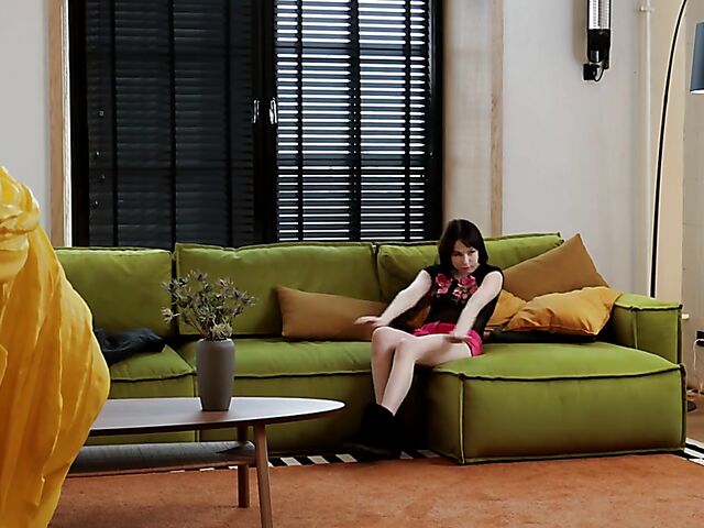 Fingering solo on the sofa with cute brunette Sara Bork