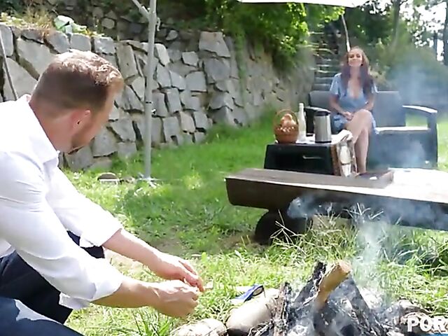 Big tits babe Jennifer Mendez fingers herself in the garden and begs for double penetration