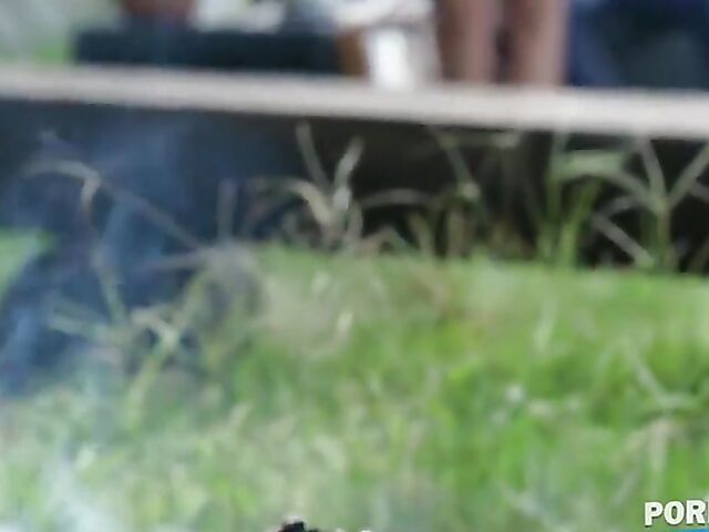 Big tits babe Jennifer Mendez fingers herself in the garden and begs for double penetration