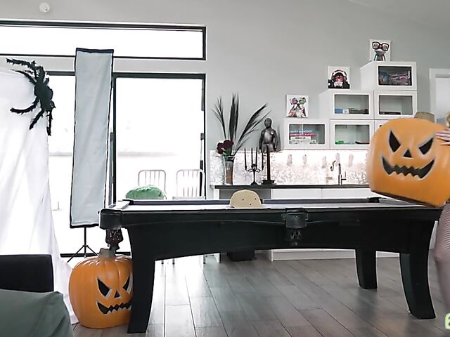 Teen threesome on Halloween with cute girls Mia Kay and Molly Little