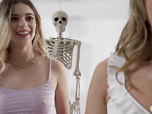 Teen threesome on Halloween with cute girls Mia Kay and Molly Little