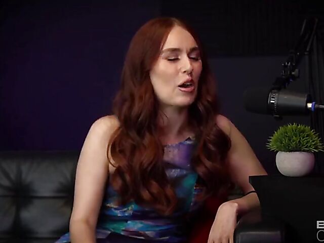 Redhead pornstar podcast and sex on the couch featuring Kiki Vidis