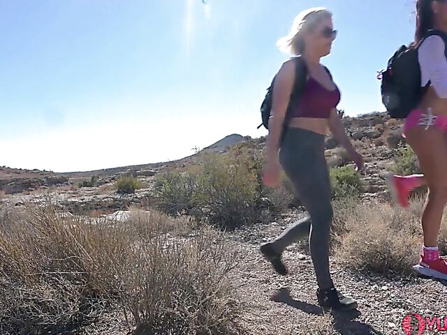 Outdoor threesome in the desert with milf hikers Sofie Marie and Kyla Keys