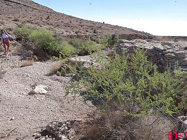 Outdoor threesome in the desert with milf hikers Sofie Marie and Kyla Keys