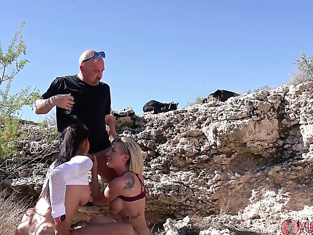 Outdoor threesome in the desert with milf hikers Sofie Marie and Kyla Keys