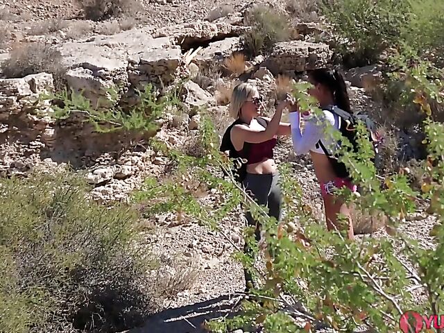 Outdoor threesome in the desert with milf hikers Sofie Marie and Kyla Keys