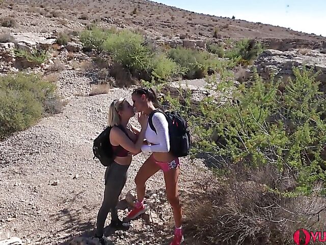 Outdoor threesome in the desert with milf hikers Sofie Marie and Kyla Keys