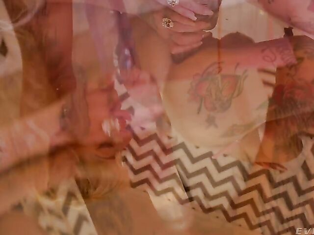 Tattooed anal addicts Megan Inky and Kitana Montana get assfucked in a threesome