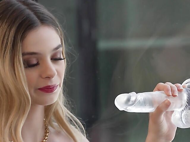 Teen huntress with small tits Molly Little takes off her fishnets to fuck her dildo