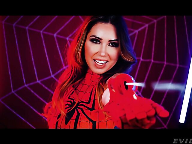 Spidergirl Kianna Dior sucking two cocks for cum on face