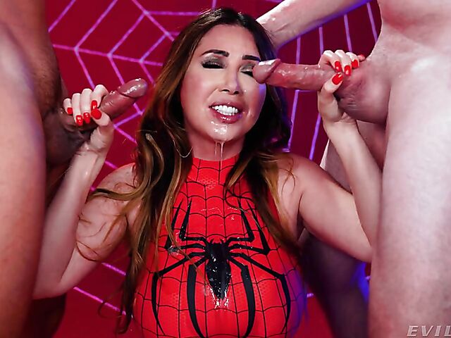 Spidergirl Kianna Dior sucking two cocks for cum on face