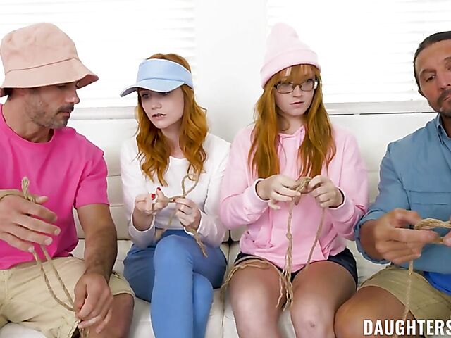 Young redhead girls Amber Stark and Scarlet Skies get screwed by stepdads