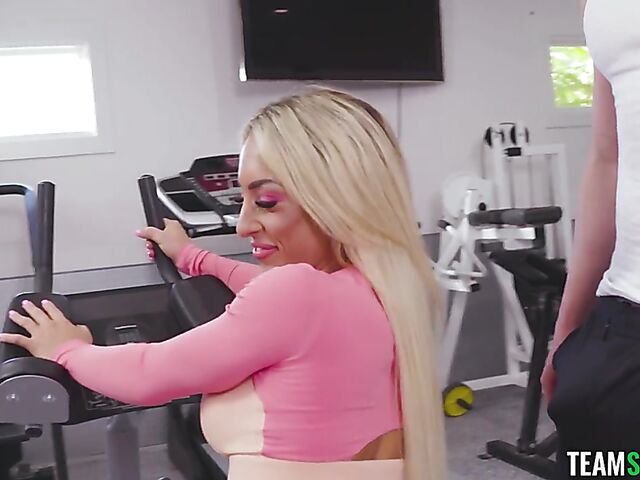 Gym sex in pink panties with fake tits athlete Fit Kitty