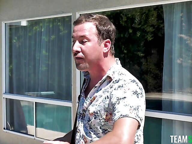 Blonde girl with fake tits Jenna Fireworks gets some cock by the pool