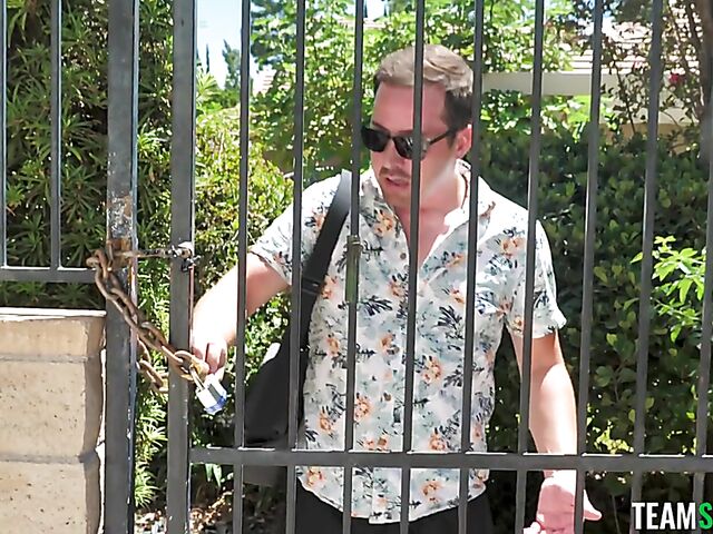 Blonde girl with fake tits Jenna Fireworks gets some cock by the pool