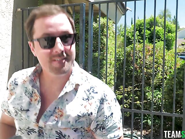 Blonde girl with fake tits Jenna Fireworks gets some cock by the pool