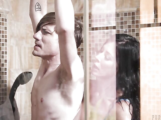 Reagan Foxx - Brunette MILF helps a boy in the bathroom