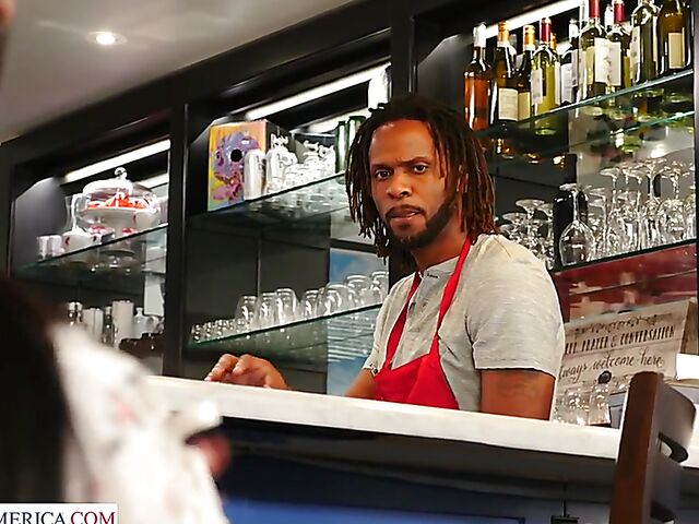 Well-endowed brunette MILF Jennifer White interracial fucked by a hung black waiter at the restaurant